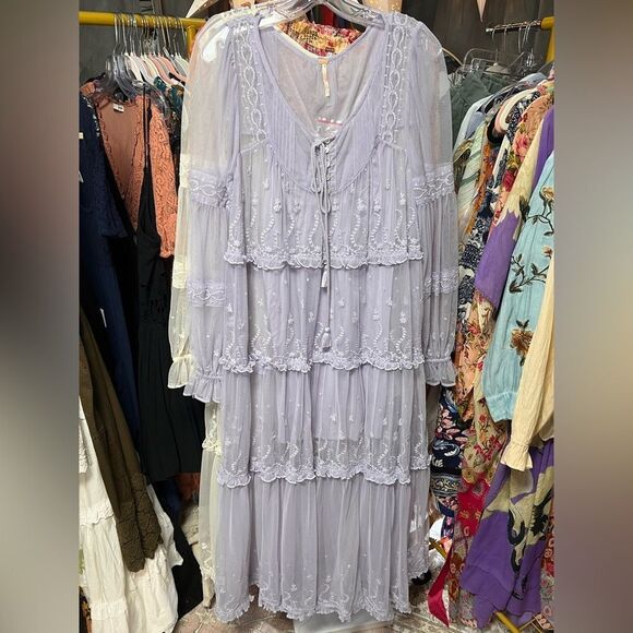 Free People Stevie Embroidered Mesh & Lace Maxi Dress in Lavender Blue - Picture 7 of 9